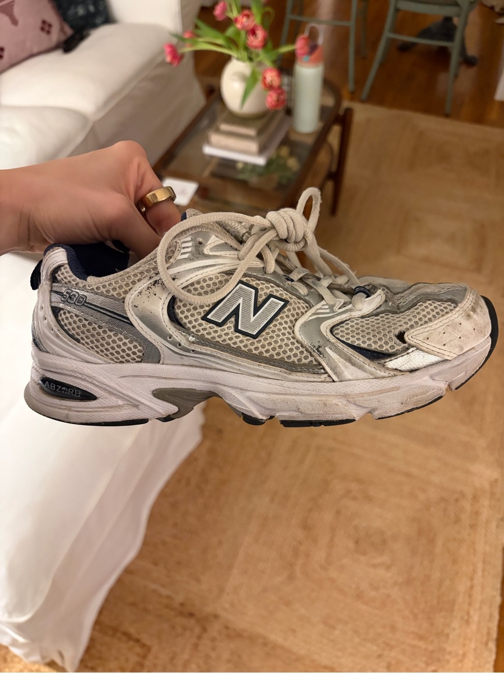 New Balance White and Gray Mesh Running Sneaker